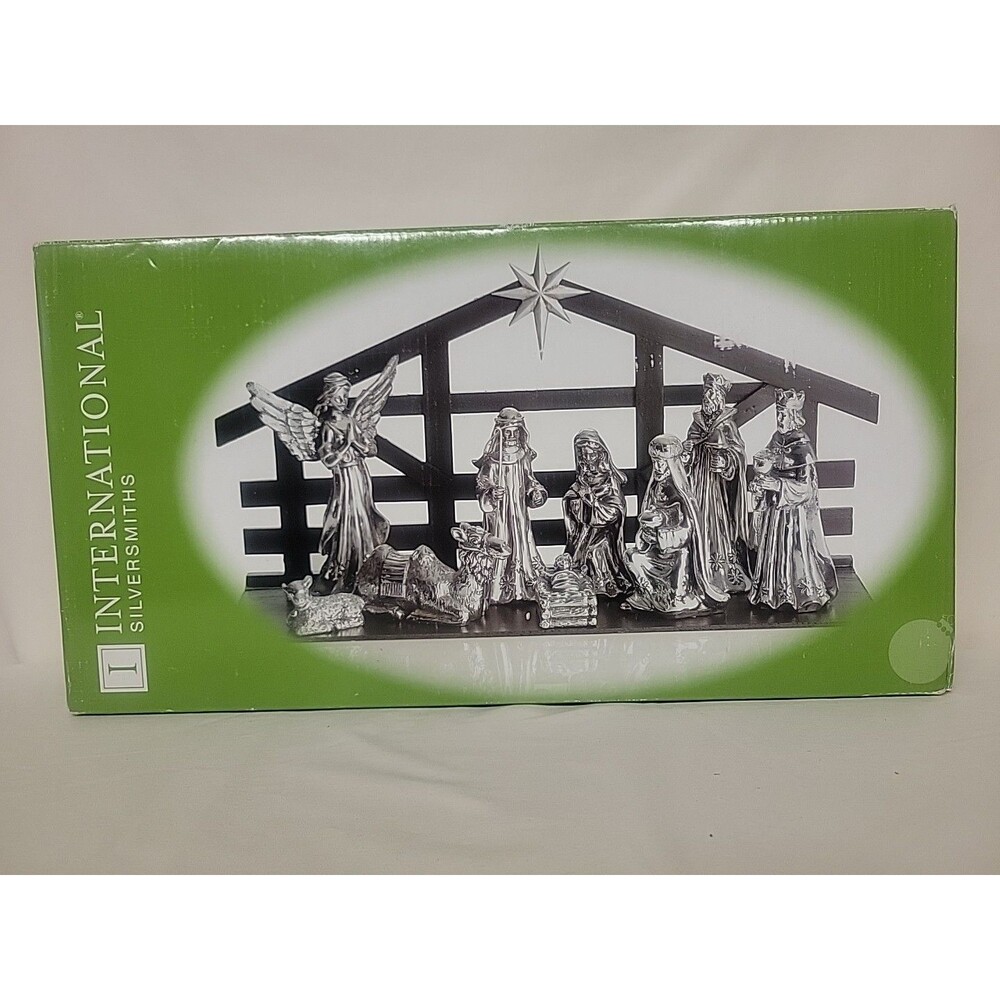 9 Piece antique Silver nativity with wood Creche Christmas in Original Open Box